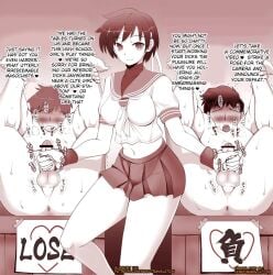 1girl2boys 2boys 2boys1girl clothed_female clothed_female_nude_male dialogue dominant dominant_female female femdom handjob humiliation monochrome msize naked_male nude_male pathetic reverse_ryona sakura_kasugano street_fighter submissive_male tagme translated