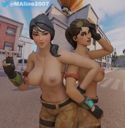 blush blushing breasts clothing different_breast_sizes fingerless_gloves fortnite headhunter_(fortnite) looking_at_viewer maline2007 pants public public_nudity ramirez_(fortnite) tagme topless