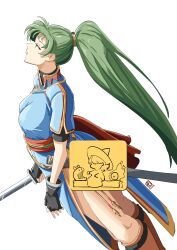 1girls artist_logo ass automatic_giraffe bare_legs big_ass black_gloves blue_dress boots breasts brown_footwear dated dress dutch_angle female female_only fingerless_gloves fire_emblem fire_emblem:_the_blazing_blade gloves green_eyes green_hair highres holding holding_sword holding_weapon legs long_hair looking_up lyn_(fire_emblem) medium_breasts nintendo pelvic_curtain ponytail sheath simple_background solo standing sword very_long_hair weapon white_background