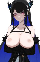 1girls :) accessory areolae asymmetrical_bangs asymmetrical_horns bare_shoulders big_breasts black_hair blue_hair breasts breasts_out chest cleavage clothes collarbone dayyo_(daydarion/day-chan) exposed_breasts eyelashes female female_only hands_under_breasts highres hololive hololive_english hololive_english_-advent- horns large_breasts light-skinned_female light_skin lips looking_at_viewer mole mole_under_eye multicolored_hair neck nerissa_ravencroft nipples no_bra no_shirt pale-skinned_female pale_skin pink_hair purple_hair smile solo uniform virtual_youtuber white_background