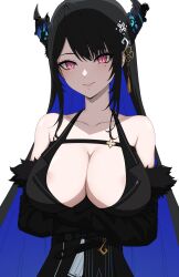 1girls :) accessory areola_slip asymmetrical_bangs asymmetrical_horns bare_shoulders big_breasts black_hair blue_hair breasts chest cleavage clothes collarbone dayyo_(daydarion/day-chan) eyelashes female female_only hands_under_breasts highres hololive hololive_english hololive_english_-advent- horns large_breasts light-skinned_female light_skin lips looking_at_viewer mole mole_under_eye multicolored_hair neck nerissa_ravencroft no_shirt pale-skinned_female pale_skin pink_hair purple_hair smile solo uniform virtual_youtuber white_background