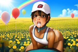 2boys after_fellatio ai_generated baseball_cap bedroom big_ass big_butt blowjob collar cum cum_in_mouth cumdrip dark_skin excessive_cum facial felation femboy feminine_male field flower garden gay girly hat huge_ass huge_butt kneeling looking_at_viewer novelai pov sunlight trap yaoi