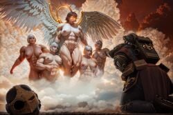 6girls abs absurd_res adepta_sororitas ai_generated angel_wings armor biceps big_breasts breasts bullet_hole cloud female female_only from_behind glowing_eyes gold_(metal) heaven helmet knoworai living_saint muscles muscular muscular_female nipples quadriceps realistic red_sky saint_celestine sister_of_battle stable_diffusion thighs warhammer_(franchise) warhammer_40k wings