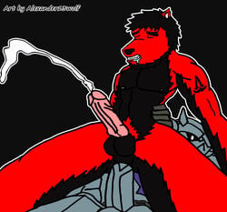 alexander13wolf alphonse_elric anal_insertion anthro anus armor black_background black_fur black_hair black_nose buggery clenched_teeth closed_eyes color cum drooling ear_piercing ejaculation erection front_view fullmetal_alchemist fur furry furry_ears hair insertion male male_only multiple_males nude penis piercing pointy_ears red_fur reverse_cowgirl_position saliva sex short_hair spiky_hair tattoo testicles yaoi