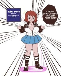 1girls bimbo bimbofication brain_drain breast_expansion clothed female freckles hypnosis kim_pine mind_break mind_control red_hair scott_pilgrim shishikasama solo solo_female text text_bubble transformation