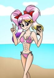 1girls abs beach bikini breasts female female_only fully_clothed glitch_productions hourglass_figure long_hair navel pink_hair purple_eyes saiko_bichitaru_(smg4) selfie smartphone smg4 smile solo solo_female solo_focus swimsuit swimwear taking_selfie twintails yellow_streak zaratheoctoling