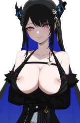 1girls :) accessory areolae asymmetrical_bangs asymmetrical_horns bare_shoulders big_breasts black_hair blue_hair breasts chest cleavage clothes collarbone dayyo_(daydarion/day-chan) exposed_breasts eyelashes female female_only hands_under_breasts highres hololive hololive_english hololive_english_-advent- horns large_breasts light-skinned_female light_skin lips looking_at_viewer mole mole_under_eye multicolored_hair neck nerissa_ravencroft nipple_slip nipples no_bra no_shirt pale-skinned_female pale_skin pink_hair purple_hair smile solo uniform virtual_youtuber white_background