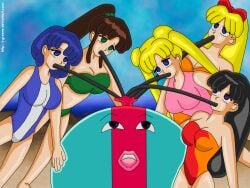 5girls ami_mizuno big_breasts bikini bishoujo_senshi_sailor_moon black_hair blonde_hair blue_eyes bow brown_hair empty_eyes female female_only huge_breasts j-greene large_breasts long_hair makoto_kino minako_aino monster multiple_girls one-piece_swimsuit puko rei_hino rubber_transformation rubberization short_hair swimsuit tagme thick_thighs transformation usagi_tsukino wide_hips