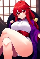 1girls 2d 4chan ai_generated female female_focus hair_ribbon hips junihitoe kimono kotohime kotohime_(touhou) legs legs_crossed long_hair looking_at_viewer obi police_officer ponytail princess purple_junihitoe red_eyes red_hair royalty sitting smile source thick_legs thighs tied_hair touhou touhou_(pc-98) underwear