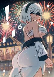 1girls ass blindfold breasts female female_only nier:_automata sideboob smile solo tony_welt white_hair yorha_2b