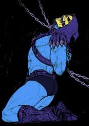 blue_body blue_skin bondage chains collar colored eye_contact gag hands_behind_back male male_only masters_of_the_universe muscular nipples on_knees skeleton skeletor skull_head solo_male tagme