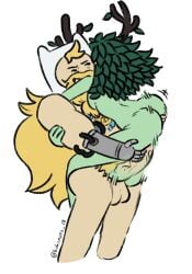 1boy 1boy1girl 1girls adventure_time antlers ass balls beard blonde blonde_hair blonde_hair_male blonde_male branch branch_horns breasts finn_the_human green_body green_hair green_skin hug huntress_wizard kross_draws leaf leaf_hair leaves lifted lifted_by_another penis straight tagme