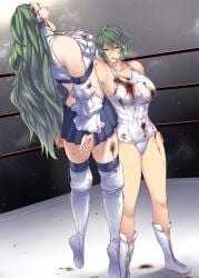 2girls adapted_costume alternate_costume asphyxiation blood blood_on_clothes blood_on_face blue_skirt boots breasts catfight cleavage collarbone collared_shirt detached_sleeves full_body green_eyes green_hair grey_background grin hair_ornament hair_tubes held_up highres holding injury knee_pads large_breasts long_hair midriff miniskirt multiple_girls muscular muscular_female neck_lift one-piece_swimsuit red_eyes rope ryona saliva sanae_kochiya school_swimsuit shadow shirt short_hair skirt sleeveless sleeveless_shirt smile stadium strangling sweat swimsuit tobisawa touhou touhou_tag_dream trembling white_footwear white_one-piece_swimsuit white_shirt wide_sleeves wrestling wrestling_outfit wrestling_ring yuka_kazami