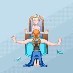 2girls animated anna_(frozen) breasts_out cunnilingus disney disney_princess elsa_(frozen) feet female_only frozen_(film) heart incest jayakun kneeling legs_up loop multiple_girls oral pixel_animation pixel_art seated sister_fucking_sister sisters throne yuri