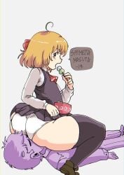 1boy 1girls absurd_res ahoge ass big_ass big_butt black_thighhighs blonde_hair blush facesitting fat_ass food hair_ribbon hetero highres huge_ass large_ass panties red_eyes rumia shimetta_masuta short_hair spread_legs thick_thighs thighhighs thighs touhou underwear white_panties