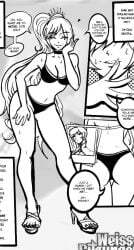 1girls ass black_and_white black_underwear breasts choker cleavage doujin english_text female female_only heart high_heels human light-skinned_female light_skin looking_at_viewer monochrome polaroid ponytail preview quu-art rwby sweat text underwear weiss_schnee white_hair