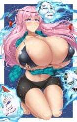 1girls areola_slip breasts daien_(daien418) female hata_no_kokoro huge_breasts light-skinned_female light_skin masks pink_hair solo solo_female tagme touhou