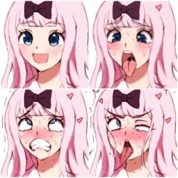 1girls 2022 ahe_gao blue_eyes blush fujiwara_chika hearts jay-marvel kaguya-sama_wa_kokurasetai_~tensai-tachi_no_renai_zunousen~ long_hair orgasm orgasm_face panels pink_hair progression ribbon smile solo_female suggestive sweating tongue_out white_background