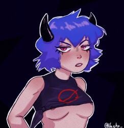 artist_name black_shirt blue_hair boyfriend_(friday_night_funkin) breasts demon_boyfriend_(friday_night_funkin) demon_girl female_boyfriend_(friday_night_funkin) friday_night_funkin friday_night_funkin_devil's_prayer horns looking_at_viewer no_entry_sign red_pupils rule_63 tied_shirt vasho_ visible_nipples