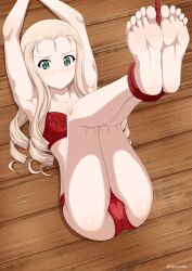 arms_up blonde_hair blue_eyes bondage girls_und_panzer legs legs_tied legs_up marie_(girls_und_panzer) picot_trim picot_trim_panties red_panties rope underwear