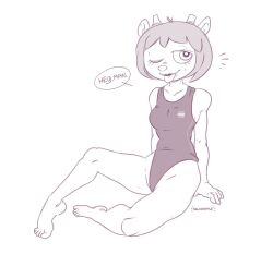 anthro female female_focus female_only furry lammy_lamb monochrome one_piece_swimsuit parappa_the_rapper sheep solo_female solo_focus sony sony_corporation sony_interactive_entertainment squidapple swimsuit text thighs tongue_out um_jammer_lammy wink