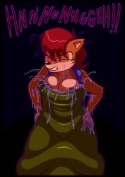 anthro archie_comics areola big_breasts chipmunk clothing cock_vore duo erection female large_breasts male penis precum sally_acorn sonic_(series) sonic_the_hedgehog_(archie) sonic_the_hedgehog_(comics) spazman vore