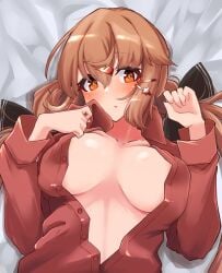 black_bow blush bow breasts brown_eyes brown_hair female hairbow highres kantai_collection komb large_breasts long_hair long_sleeves low_twintails lying no_bra on_back partially_unbuttoned red_shirt shirt solo tashkent_(kantai_collection) twintails upper_body