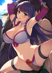 1boy armpits arms_behind_head arms_up bangs bare_shoulders beach bikini black_hair blue_eyes breasts choker cleavage collarbone cross cross_choker elbow_gloves erection fate/grand_order fate_(series) female fujimaru_ritsuka_(male) gauntlets gloves green_shorts highres large_breasts long_hair looking_at_viewer navel parted_lips penis purple_hair red_gloves saint_martha saint_martha_(swimsuit_ruler) short_hair shorts spread_legs straight swimsuit thigh_strap thighs tsuki_tokage white_bikini