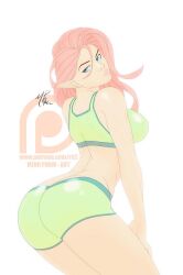 1girls ass back_view blue_eyes clothed dat_ass elf female female_only long_hair looking_back lowres original original_character pointy_ears r62 red_hair shorts skin_tight solo sports_bra workout_clothes