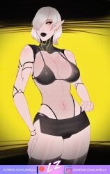 android black_bra black_lipstick black_panties bra celeste_(oc) cybernetic_arm cybernetics elf fishnets law-zilla miniskirt short_hair white_hair yellow_eyes