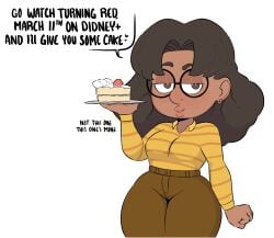 1girls brown_eyes brown_hair cake clothed dark-skinned_female dark_skin disney english english_text female female_focus female_only flirting glasses indian indian_female josietst looking_at_viewer nose_piercing pixar priya_mangal sfw solo text thick_thighs turning_red white_background