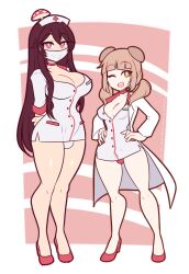 2futas balls bangs big_breasts blonde_hair breasts brown_hair bulge cleavage clothed clothing duo erection erection_under_clothes face_mask fully_clothed futa_only futanari high_heels hourglass_figure human light-skinned_futanari light_skin long_hair mask nurse nurse_uniform on_stomach penis penis_size_difference petite re-sublimity-kun red_eyes size_difference small_breasts small_penis smile standing thick_thighs wide_hips yellow_eyes