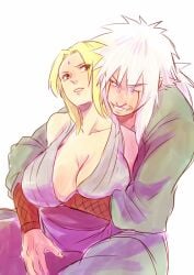 1boy 1boy1girl 1girls arm_under_breasts between_legs big_breasts blonde_hair blush breast_hold breast_lift breasts busty cleavage clothed clothed_female clothed_male couple female grabbing grabbing_from_behind hug hugging_from_behind jiraiya lantern6 large_breasts male male/female naruto naruto_(series) naruto_shippuden no_bra one_eye_closed sitting smile straight tsunade white_hair