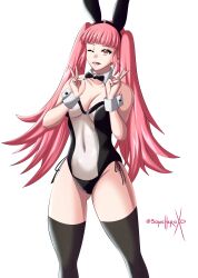 1girls alternate_costume bangs breasts bunny_ears bunny_girl bunnysuit cleavage clothed clothing double_v female fire_emblem fire_emblem:_three_houses hilda_valentine_goneril nintendo open_mouth pink_hair solo sonicheroxd thighhighs transparent_bunnysuit twintails v very_long_hair