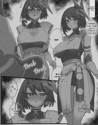 1boy 1girls aether_(genshin_impact) akazuan_19 bangs black_and_white blush dialogue doujinshi erection excitement female genshin_impact kujou_sara leotard manga mask_on_head