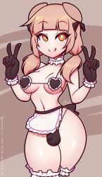 1futa balls bangs blonde_hair breasts bulge clothed clothing double_v flaccid futa_only futanari gloves human light-skinned_futanari light_skin maid_uniform medium_breasts mostly_nude neckwear pale_skin penis petite re-sublimity-kun revealing_clothes short_hair small_penis solo standing thick_thighs tongue tongue_out twintails v wide_hips yellow_eyes