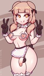 1futa areolae balls bangs blonde_hair breasts bulge clothed clothing double_v erect_penis erection exposed_nipples futa_only futanari gloves human light-skinned_futanari light_skin maid_uniform medium_breasts mostly_nude neckwear nipples pale_skin penis petite re-sublimity-kun revealing_clothes short_hair small_breasts small_penis solo standing thick_thighs tongue tongue_out twintails v wide_hips yellow_eyes