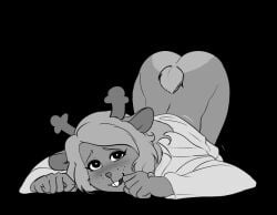 1girls 5_fingers animal_ears anthro antlers ass ass_up blush blushing butt_crack deer deer_ears deltarune female female_only freckles front_view haaru monochrome noelle_holiday open_eyes robe solo solo_female solo_focus tail undertale_(series) white_robe