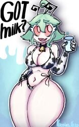 ahoge alien alien_(niicolas_nicko) alien_girl antennae ass big_ass big_belly big_breasts big_butt big_eyes big_hips big_thighs breasts cow_girl cow_print cow_print_bikini fangs got_milk green_hair hair hips milk milk_glass niicolas_nicko short_hair thick thick_ass thick_hips thick_legs thick_thighs thigh_highs white_eyelashes white_skin