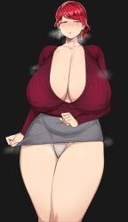 1girls big_breasts black_background blush breasts c-77_hongryeon cham22 cleavage curvy_milf earrings female half-closed_eyes huge_breasts last_origin massive_breasts mature_female milf nipple_bulge panties red_hair short_skirt skirt standing thick_thighs voluptuous wide_hips