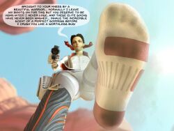 3d apex_legends brown_hair dark-skinned_female dark_skin dialogue dirty_socks earlpedibus english_text feet femdom foot_fetish latina loba loba_(apex_legends) looking_at_viewer looking_down pov smelly smelly_feet socks text text_bubble