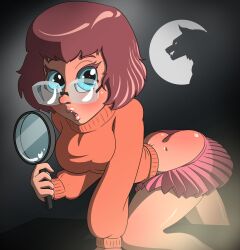 1girls ass bent_over bent_over_table blue_eyes bob_cut brown_hair clothing glasses magnifying_glass medullamind microskirt moon nerd scooby-doo shadow solo_female turtleneck velma_dinkley wolf