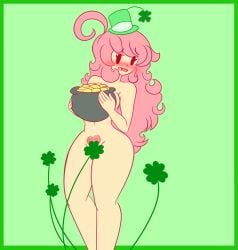 ahoge blush breasts convenient_censoring female four_leaf_clover heart-shaped_pubic_hair leprechaun_hat limbros long_hair melody_(limbros) mob_face naked nude nude_female oc open_mouth original original_character pink_hair pink_pubic_hair pubic_hair saint_patricks_day solo thick_thighs thighs