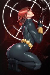 1girls ass big_ass black_widow_(marvel) bodysuit clothed female female_only green_eyes gun kneeling looking_at_viewer marvel muscular_female natasha_romanoff pinup r62 red_hair skin_tight smoke solo spy