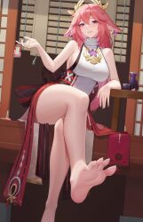 absurdres animal_ears arm_rest bangs bare_shoulders barefoot blush bottle breasts charm_(object) choko_(cup) crossed_legs cup earrings eyebrows_visible_through_hair feet female floppy_ears foot_focus foot_out_of_frame foreshortening fox_ears genshin_impact glint gold_earrings hair_between_eyes hair_ornament highres holding japanese_clothes jewelry kurosara large_breasts long_hair looking_at_viewer obi parted_lips petals pink_hair pink_nails presenting_foot purple_eyes sake_bottle sash shirt sitting smile soles solo spread_toes table tassel thighs toes white_shirt yae_miko