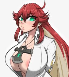 big_breasts breasts clothing female female female_only green_eyes guilty_gear guilty_gear_strive jack-o'_valentine looking_at_viewer mostly_clothed multicolored_hair nipple_slip no_bra red_hair sunk118