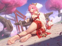 animal_ears anklet armpits bare_legs barefoot breasts detached_sleeves earrings feet female floppy_ears foot_focus foreshortening fox_ears genshin_impact japanese_clothes jewelry long_hair looking_at_viewer looking_back low-tied_long_hair medium_breasts no_shoes pink_hair sarena sideboob soles toes yae_miko