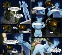 1boy 1boy1girl 1girls 343_industries 3d armor artificial_intelligence behind blender blue_hair blue_skin bottomless bra comic doggy_style female glowing glowing_skin halo_(series) halo_infinite hard_light hard_light_construct hologram holographic_interface junkerz lingerie male master_chief penetration pleasure speech_bubble the_weapon_(halo_infinite) xbox_game_studios