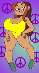 alyssa_(mdtrs) beauty_mark brown_hair commission female highlights highlights_hairs human large_breasts leotard my_dad_the_rock_star ota_(artist) peace_symbol shoes smile solo