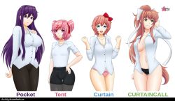 4girls big_breasts blue_eyes breasts brown_hair clouddg curtain_call_challenge doki_doki_literature_club eye_contact female female_only fully_clothed green_eyes hair_ribbon looking_at_viewer meme monika_(doki_doki_literature_club) multiple_girls natsuki_(doki_doki_literature_club) no_pants no_skirt panties pink_eyes pink_hair ponytail purple_eyes purple_hair sayori_(doki_doki_literature_club) standing text thick_thighs white_background yuri_(doki_doki_literature_club)